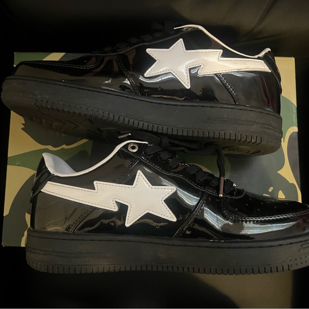Bape Glossy Black Sneakers with White Star
